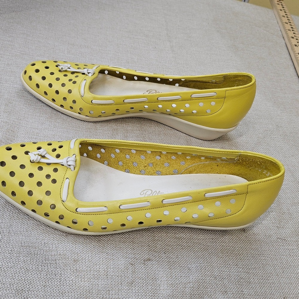 Vtg‎ Palter Loafers Womens 5.5B Yellow Leather Perforated Bow Low Wedge USA